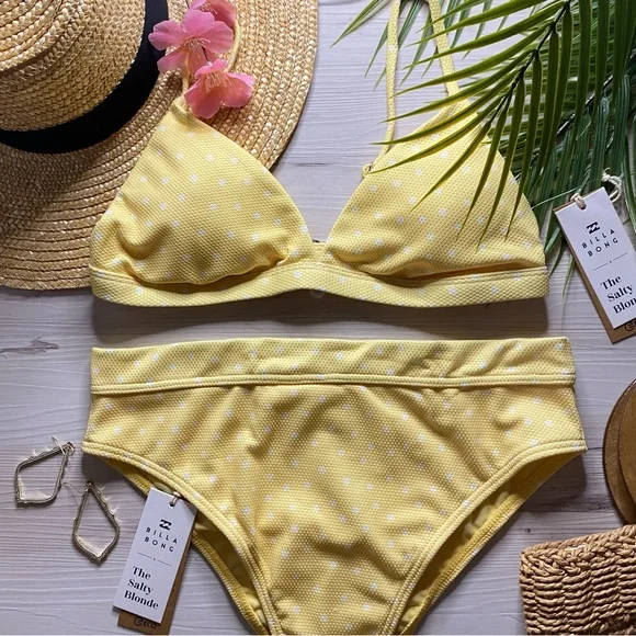 Billabong x Salty Blonde โขโข Yellow Polka Dot Fixed Tri Bikini Top | Rise Bottoms - Picture 1 of 16